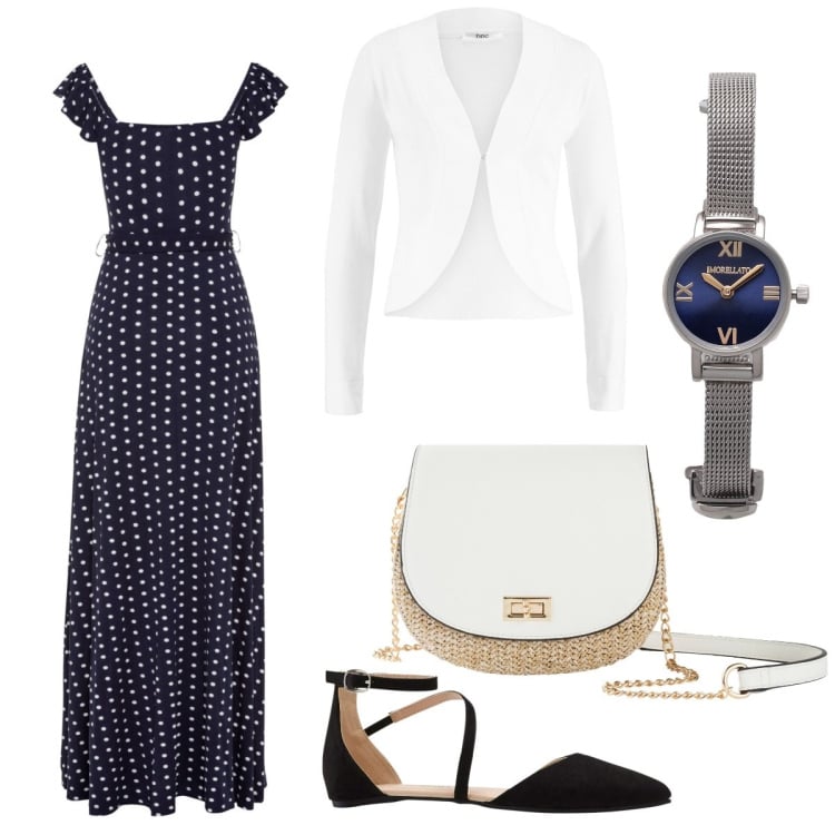 Outfit donna - Pois". Stile Bon Ton per Serata fuori. Abbinamento con orologi, vestiti lunghi, borse a tracolla, blazer, ballerine.