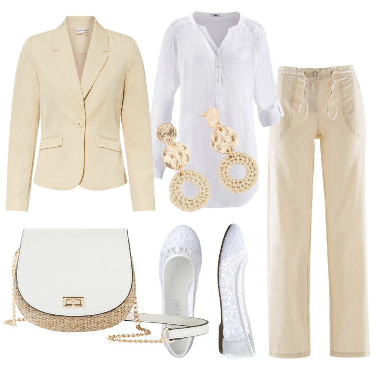 Outfit donna - Bianco e beige. Stile Bon Ton per Tutti i giorni. Abbinamento con tuniche, blazer, borse a tracolla, ballerine, orecchini, pantaloni a palazzo.