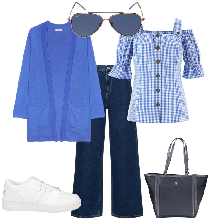 Outfit donna - Trendy in ufficio o week end. Stile Sporty chic per Ufficio. Abbinamento con camicie a manica corta, sneakers, cardigans, pantaloni, borse a spalla, occhiali da sole.