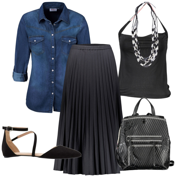 Outfit donna - Gonna plissé. Stile Casual chic per Serata fuori. Abbinamento con camicie, ballerine, gonne lunghe, zaini, top, collane.