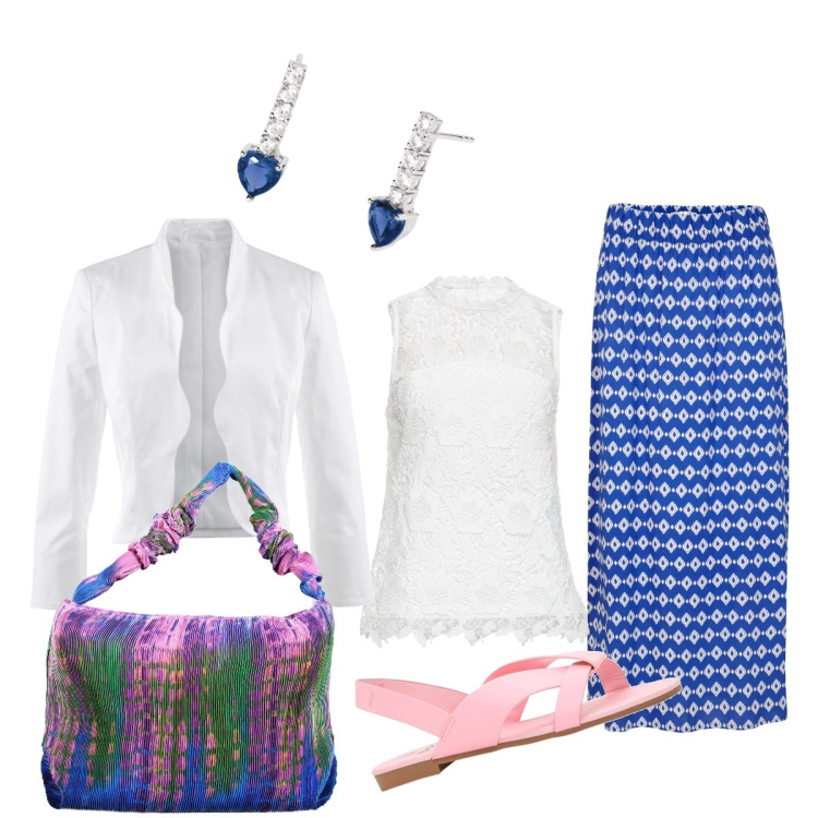 Outfit donna - Una gonna per qualsiasi occasione. Stile Bon Ton per Serata fuori. Abbinamento con blazer, gonne lunghe, top, sandali, orecchini, borse a spalla.