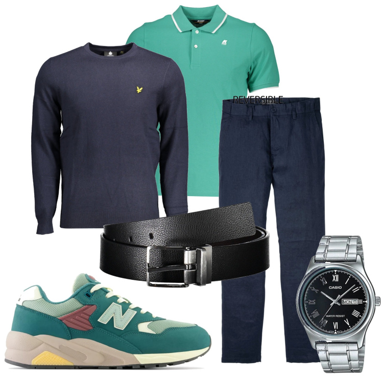 Outfit uomo - In ufficio. Stile Casual per Ufficio. Abbinamento con pantaloni, orologi, sneakers, polo, cinture, maglieria.