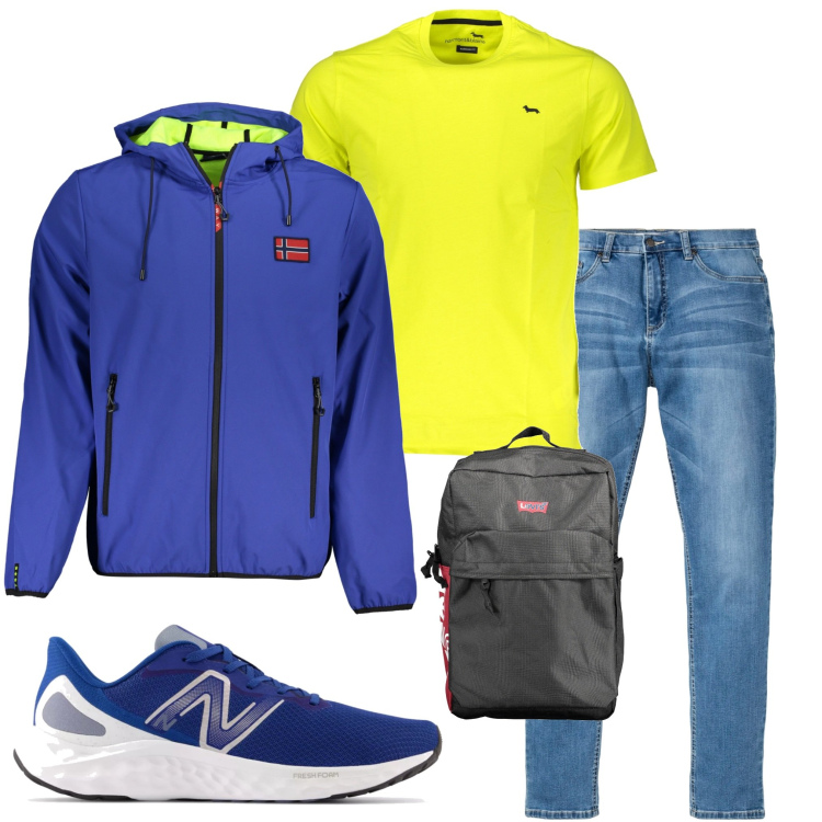 Outfit uomo - Un po\' di colore. Stile Casual per Sport. Abbinamento con jeans, scarpe sportive, t-shirt, giacche sportive, borse sportive.