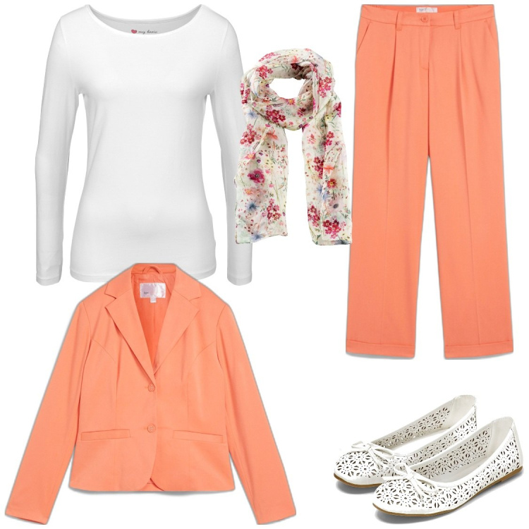 Outfit donna - Color pesca. Stile Bon Ton per Ufficio. Abbinamento con foulard, pantaloni, blazer, t-shirt sportive, ballerine.