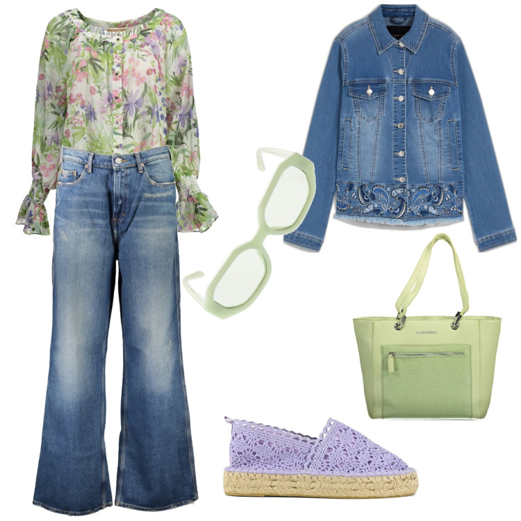 Outfit donna - Profumo di fiori di campo. Stile Romantica per Tutti i giorni. Abbinamento con blazer, espadrillas, camicie, jeans, borse a spalla, occhiali da sole.
