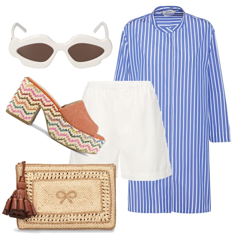 Outfit donna - La maxi camicia sopra gli shorts. Stile Trendy per Tutti i giorni. Abbinamento con sandali, camicie, occhiali da sole, pochette, shorts.