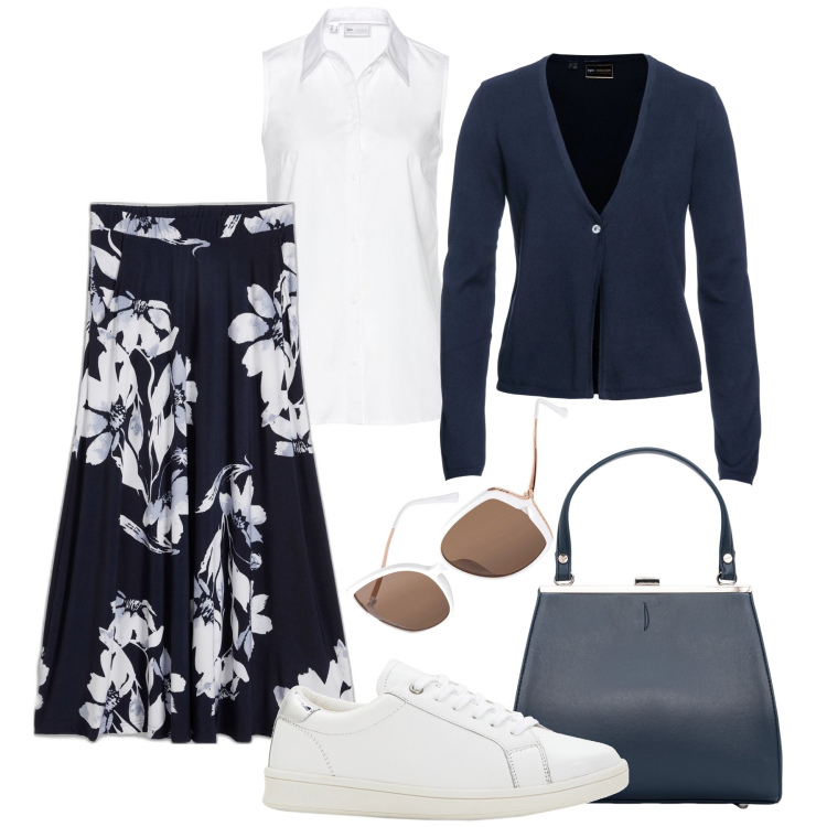 Outfit donna - La gonna floreale in ufficio. Stile Casual chic per Ufficio. Abbinamento con sneakers, gonne, cardigans, camicie, occhiali da sole, clutch.