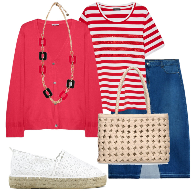 Outfit donna - Gonna in jeans. Stile Casual per Tutti i giorni. Abbinamento con espadrillas, gonne lunghe, borse a spalla, t-shirt, cardigans, ciondoli.