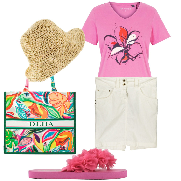 Outfit donna - I love flowers. Stile Romantica per Mare. Abbinamento con t-shirt, cappelli, shopping bag, minigonne, infradito.