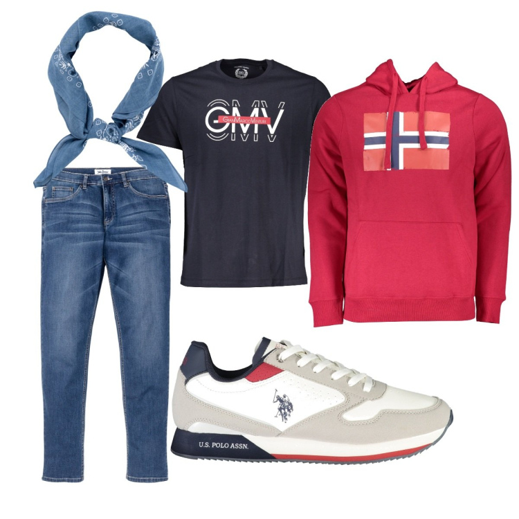 Outfit uomo - Total look #1868616. Stile Casual per Tutti i giorni. Abbinamento con jeans, t-shirt, felpe con cappuccio, scarpe sportive, sciarpe e foulard.