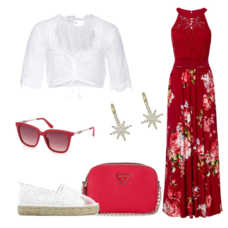 Outfit donna - Red & white. Stile Casual chic per Tutti i giorni. Abbinamento con camicie, vestiti lunghi, orecchini, espadrillas, occhiali da sole, borse a tracolla.