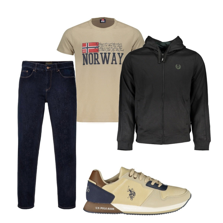 Outfit uomo - Total look #1868636. Stile Trendy per Tutti i giorni. Abbinamento con jeans dritti, scarpe sportive, felpe con cappuccio, t-shirt.