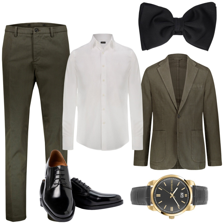 Outfit uomo - Testimone di nozze. Stile Business/Elegante per Cerimonia. Abbinamento con scarpe stringate, pantaloni, giacche, camicie, orologi, papillon.