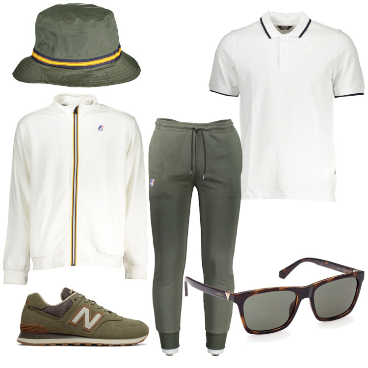 Outfit uomo - Tra sole e pioggia. Stile Casual per Tutti i giorni. Abbinamento con sneakers, occhiali da sole, pantaloni, cappelli, polo, felpe.