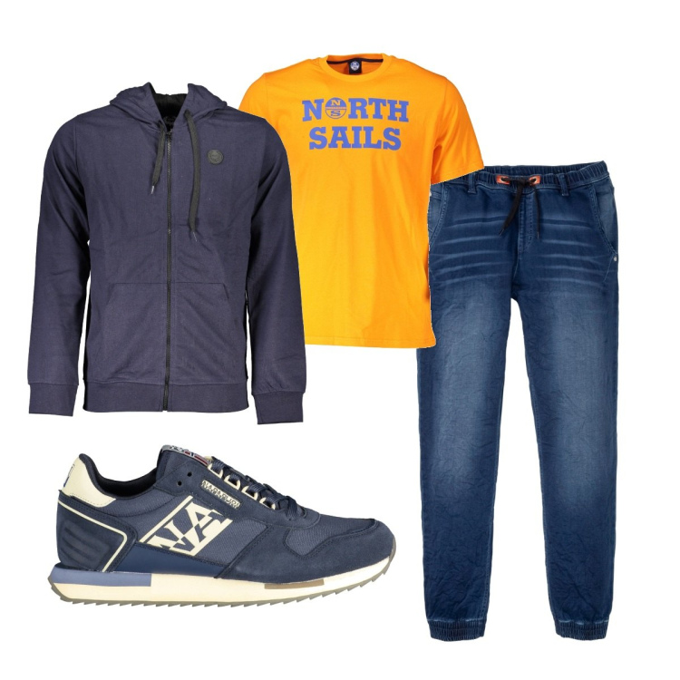 Outfit uomo - Total look #1868642. Stile Casual per Tutti i giorni. Abbinamento con jeans dritti, felpe con cappuccio, scarpe sportive, t-shirt.