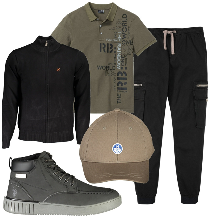 Outfit uomo - Sto comodissimo. Stile Casual per Tutti i giorni. Abbinamento con stivali, polo, pantaloni cargo, cappelli con visiera, cardigans.