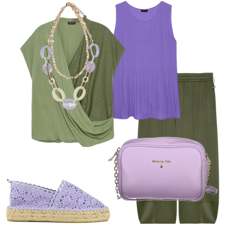 Outfit donna - Verde e viola. Stile Casual chic per Serata fuori. Abbinamento con espadrillas, bluse, pantaloni, borse a tracolla, ciondoli, top.