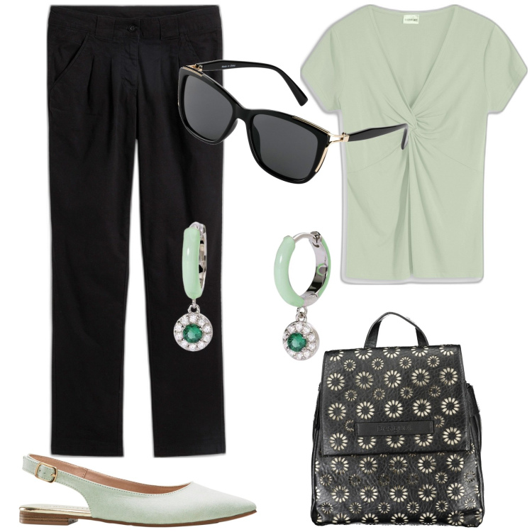 Outfit donna - In città. Stile Casual chic per Tutti i giorni. Abbinamento con pantaloni chino, occhiali da sole, ballerine, maglieria, orecchini, zaini.