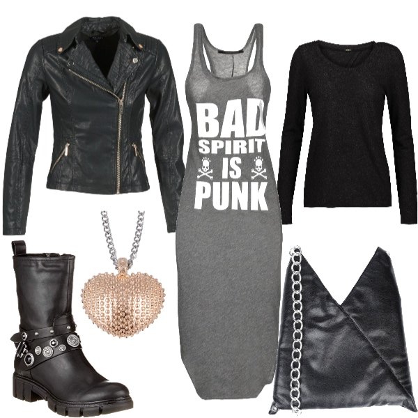 Outfit donna - Un cuore punk. Stile Rock per Serata fuori. Abbinamento con vestito a tubino con stampa lavorato a maglia collo tondo senza maniche in cotone tinta unita, borsa a tracolla taglia media interno foderato in pelle sintetica tinta unita, t-shirt fantasia collo tondo a maniche lunghe jersey, giacca nero, stivaletti nero, collana con cuore e borchie ipoallergenico rosa.