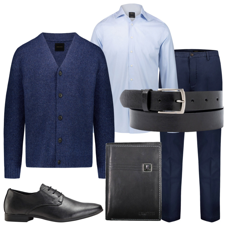 Outfit uomo - In ufficio. Stile Business/Elegante per Ufficio. Abbinamento con scarpe stringate, cardigans, camicie, pantaloni chino, portafogli, cinture.