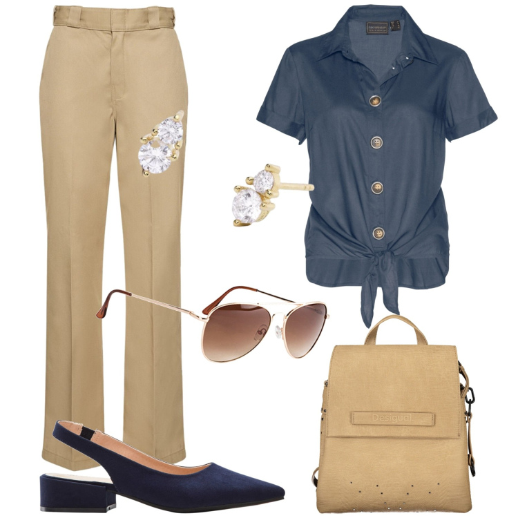Outfit donna - Chic al lavoro. Stile Casual chic per Ufficio. Abbinamento con occhiali da sole, décolleté, camicie, orecchini, pantaloni, zaini.