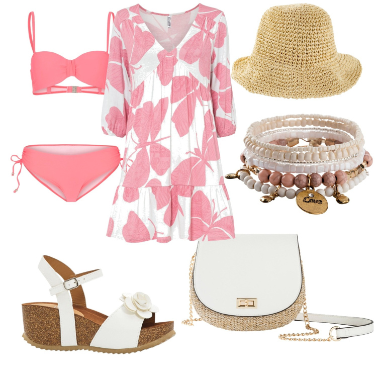 Outfit donna - Mariposa. Stile Romantica per Mare. Abbinamento con borse a tracolla, sandali, braccialetti, cappelli, vestiti, bikini.