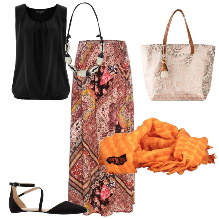 Outfit donna - Etnico chic. Stile Etnico per Tutti i giorni. Abbinamento con top, gonne, shopping bag, ballerine, sciarpe, collane.