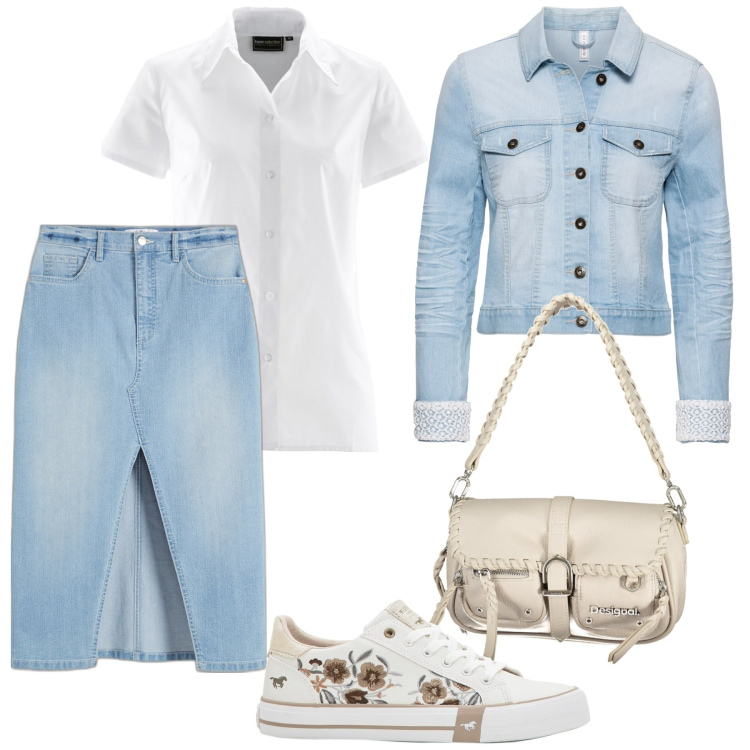 Outfit donna - Total look #1868755. Stile Vintage retrò per Tutti i giorni. Abbinamento con camicie a manica corta, blazer, sneakers, gonne longuette, borse a spalla.