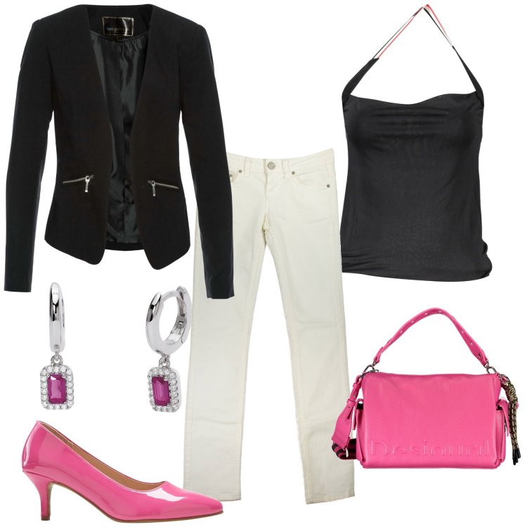 Outfit donna - Un tocco di colore. Stile Casual per Serata fuori. Abbinamento con blazer, décolleté, orecchini, top, borse a spalla, pantaloni.