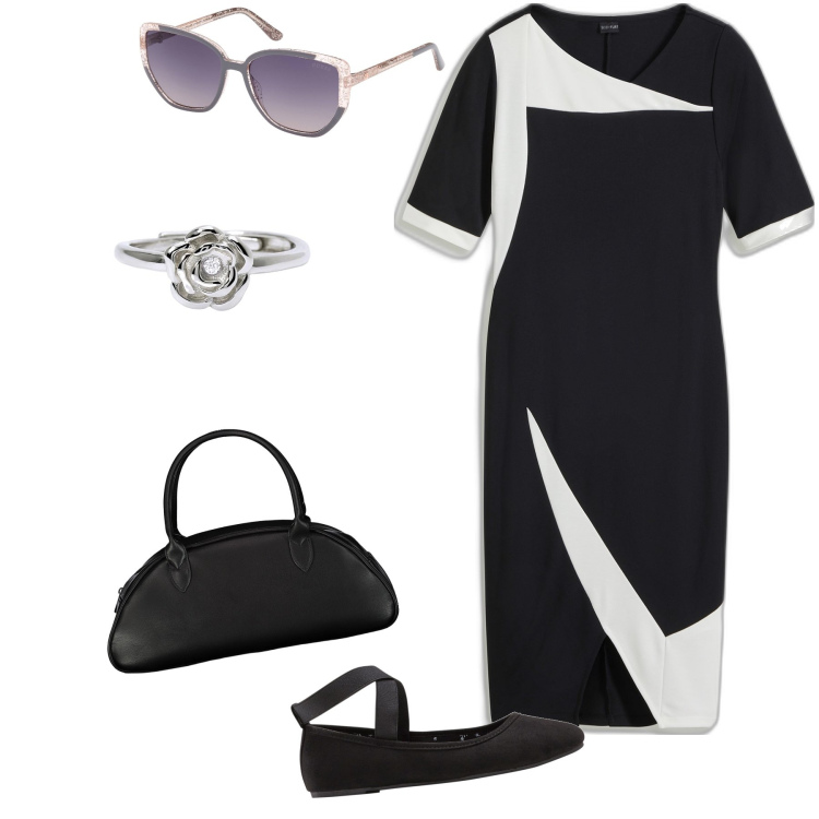 Outfit donna - Una rosa che non sfiorisce mai. Stile Bon Ton per Serata fuori. Abbinamento con vestiti a tubino, ballerine, anelli, borse a spalla, occhiali da sole.