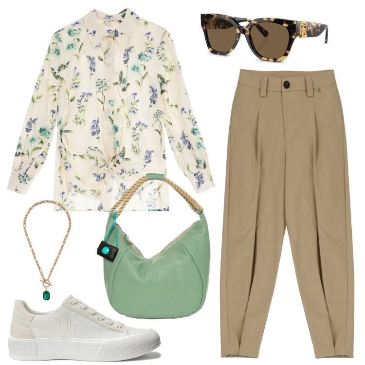Outfit donna - Laguna. Stile Casual chic per Scuola/Università. Abbinamento con pantaloni, camicie, occhiali da sole, sneakers, collane, borse a spalla.