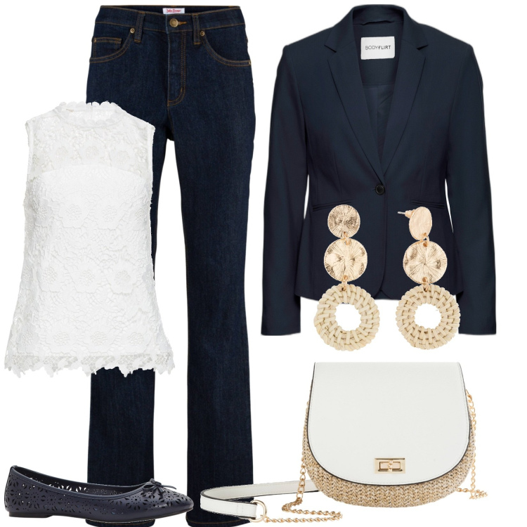 Outfit donna - Easy to wear. Stile Bon Ton per Ufficio. Abbinamento con blazer, orecchini, jeans, top, borse a tracolla, ballerine.