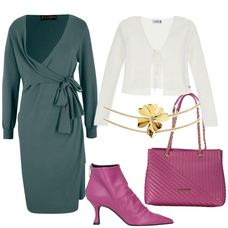 Outfit donna - Verdesalvia. Stile Casual chic per Ufficio. Abbinamento con vestiti, stivaletti, collane, cardigans, borse a spalla.