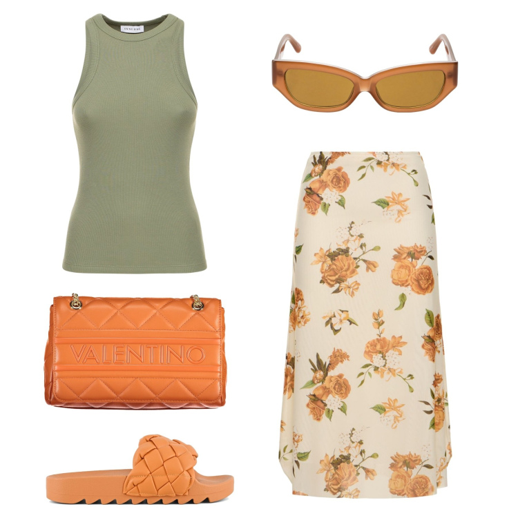 Outfit donna - La gonna a fiori 52414. Stile Casual chic per Ufficio. Abbinamento con ciabatte, gonne longuette, canottiere, occhiali da sole, borse a spalla.