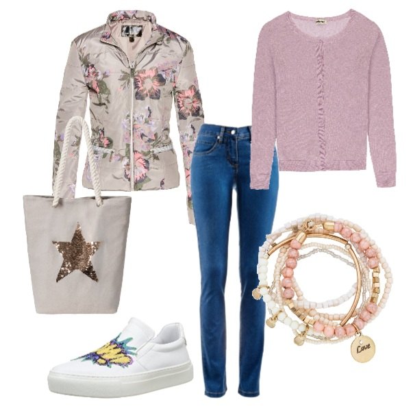 Outfit donna - Vietato fermarsi. Stile Urban per Scuola/Università. Abbinamento con braccialetti, jeans dritti, giacca fantasia floreale con zip grigio, shopping bag, cardigan effetto laminato a maniche lunghe filato rosa, sneakers slip on bianco.