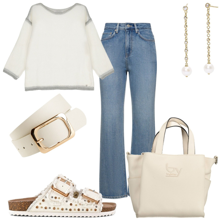 Outfit donna - Una giornata non calda. Stile Casual chic per Tutti i giorni. Abbinamento con cinture, orecchini, pullovers, sandali, borse a spalla, jeans.
