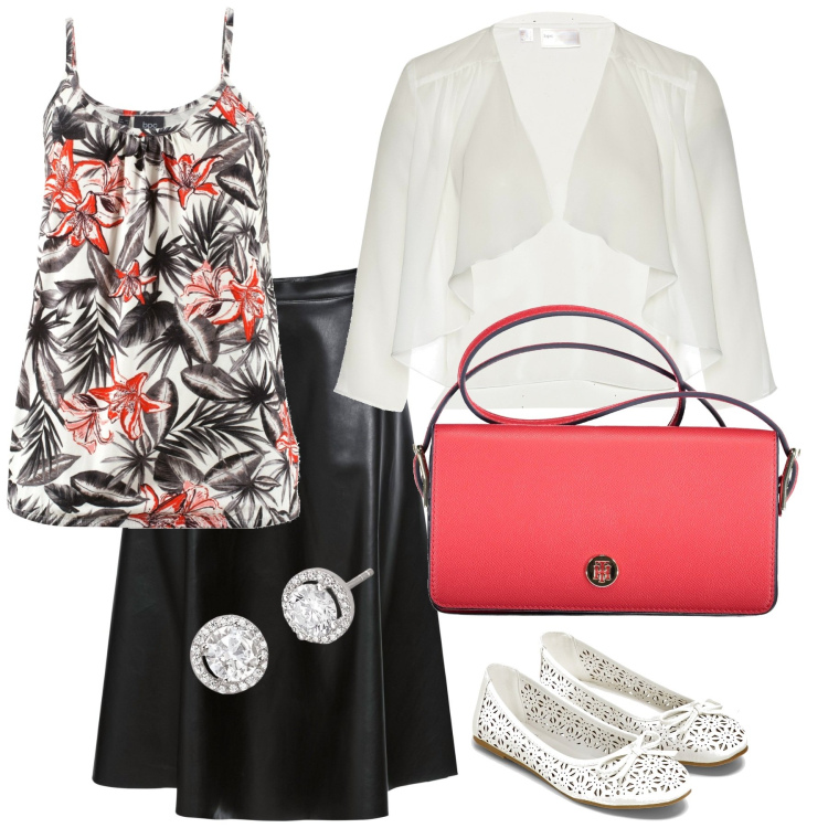 Outfit donna - Un giorno di primavera. Stile Casual per Tutti i giorni. Abbinamento con blazer, top, gonne, ballerine, orecchini, borse a spalla.