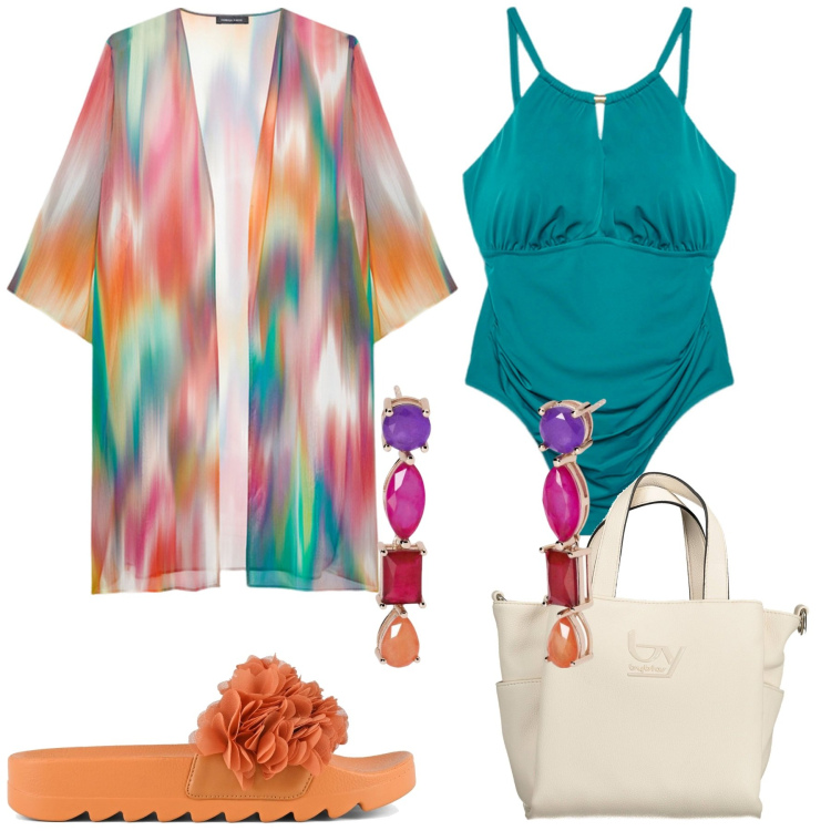 Outfit donna - Mare. Stile Casual chic per Mare. Abbinamento con orecchini, ciabatte, costumi interi, borse a spalla, caftani.