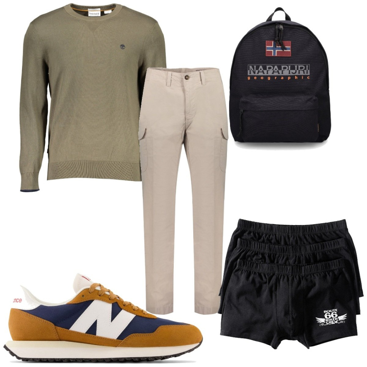 Outfit uomo - Total look #1868941. Stile Trendy per Tutti i giorni. Abbinamento con boxer, scarpe sportive, maglieria, pantaloni, borse sportive.