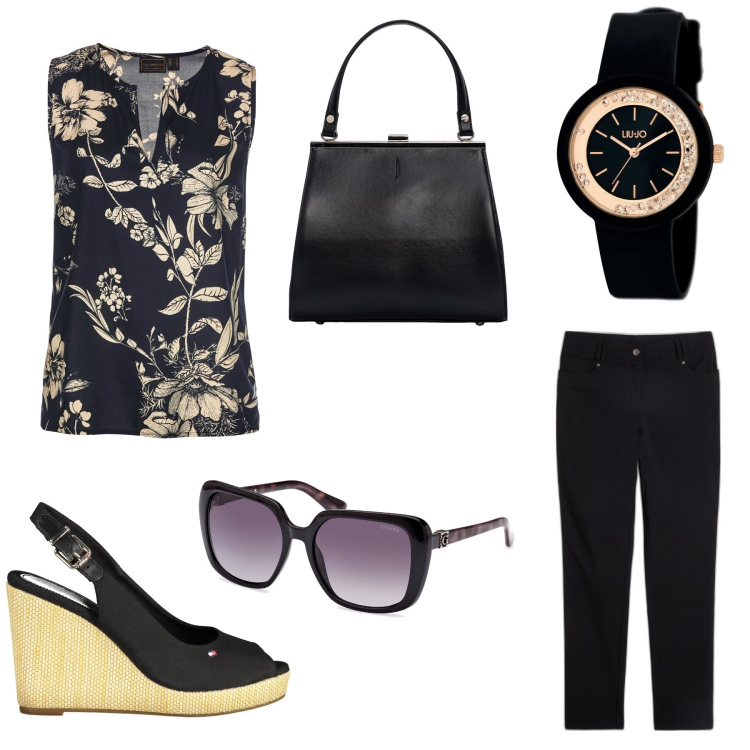 Outfit donna - Total look #1868949. Stile Urban per Tutti i giorni. Abbinamento con pantaloni, top, orologi, clutch, sandali, occhiali da sole.