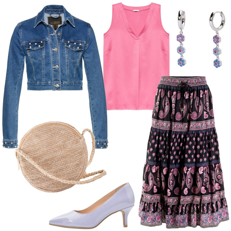 Outfit donna - Primavera. Stile Casual per Tutti i giorni. look ideale per Tall. Abbinamento con gonne lunghe, blazer, décolleté, borse a tracolla, orecchini, top.