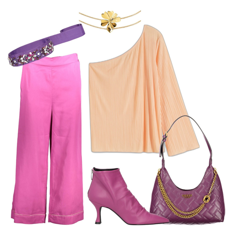 Outfit donna - Total look #1868979. Stile Trendy per Serata fuori. Abbinamento con bluse, stivaletti, collane, pantaloni, borse a spalla, cinture.