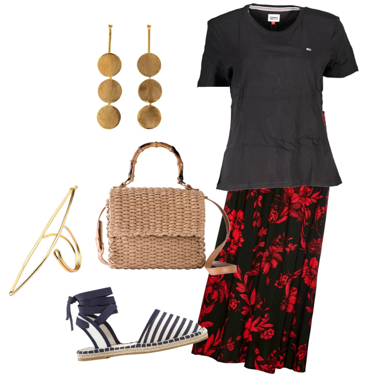 Outfit donna - La gonna a fiori. Stile Bon Ton per Tutti i giorni. Abbinamento con gonne lunghe, borse a mano, espadrillas, t-shirt, orecchini, anelli.