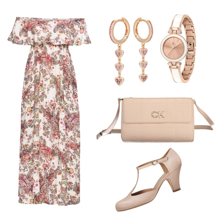 Outfit donna - Romantic Dream. Stile Romantica per Cerimonia. Abbinamento con orecchini, orologi, vestiti lunghi, décolleté, borse a tracolla.