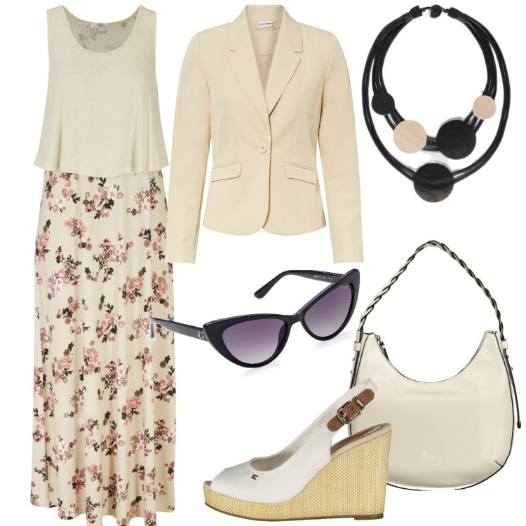Outfit donna - Vestiti primaverili - Curvy. Stile Minimal per Tutti i giorni. Abbinamento con vestiti lunghi, blazer, sandali, collane, borse a spalla, occhiali da sole.