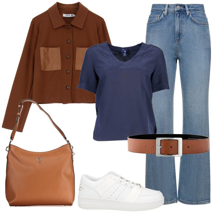 Outfit donna - Casual. Stile Casual per Tutti i giorni. Abbinamento con cinture, sneakers, blazer, jeans, t-shirt, borse a tracolla.