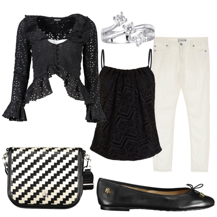 Outfit donna - Total look #1869075. Stile Casual chic per Serata fuori. Abbinamento con top, anelli, pantaloni skinny, camicie, borse a tracolla, ballerine.