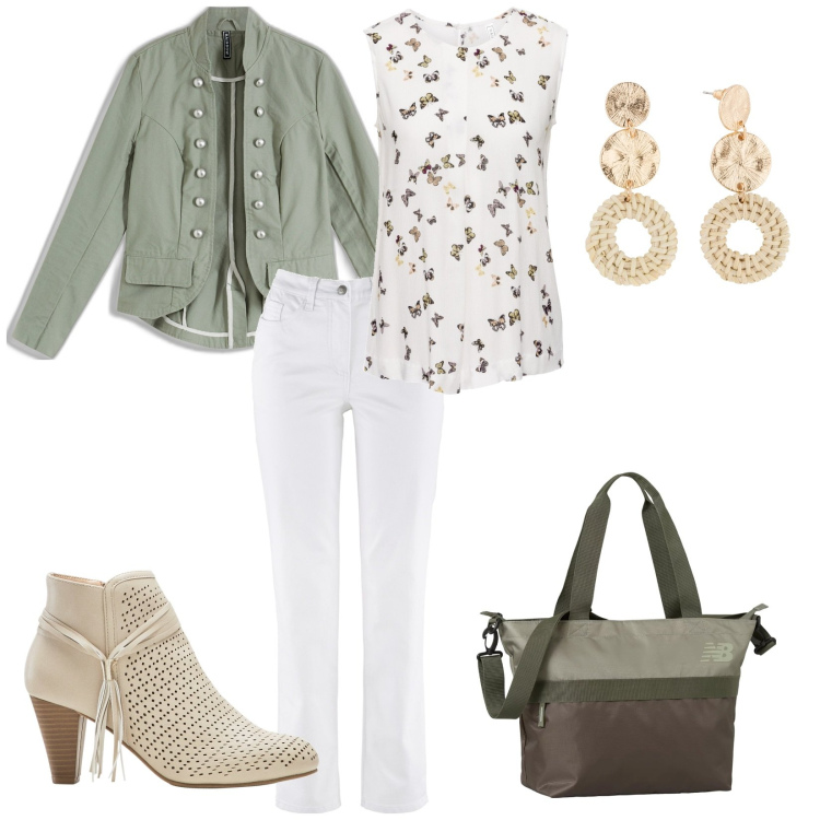 Outfit donna - Commisioni. per Tutti i giorni. Abbinamento con top, orecchini, blazer, pantaloni, stivaletti, borse tote.