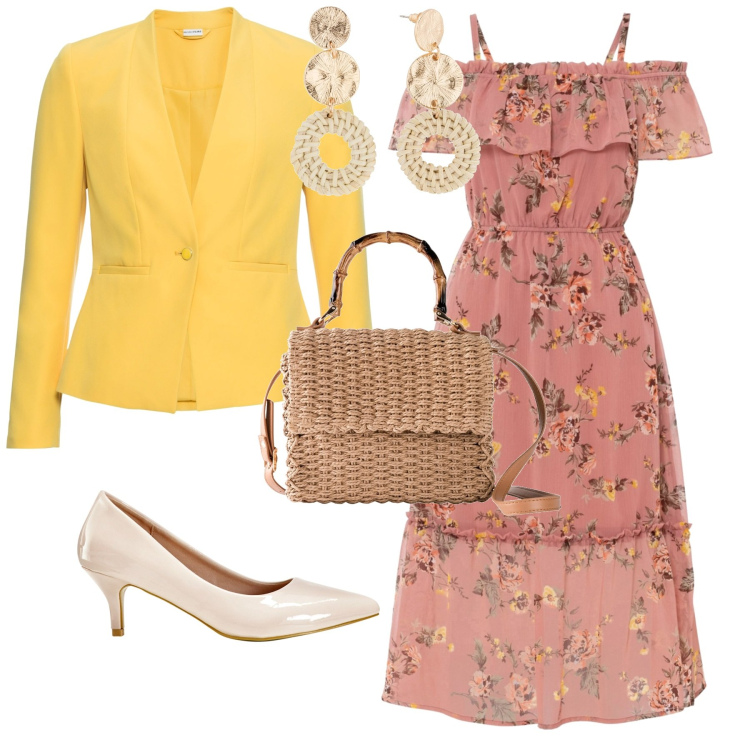 Outfit donna - Romantica chic cerimonia evento. Stile Romantica per Cerimonia. Abbinamento con blazer, orecchini, vestiti, borse a mano, décolleté.
