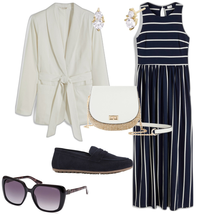 Outfit donna - Trendy bianco e blu ufficio o free time. Stile Trendy per Tutti i giorni. Abbinamento con borse a tracolla, mocassini, vestiti lunghi, blazer, orecchini, occhiali da sole.